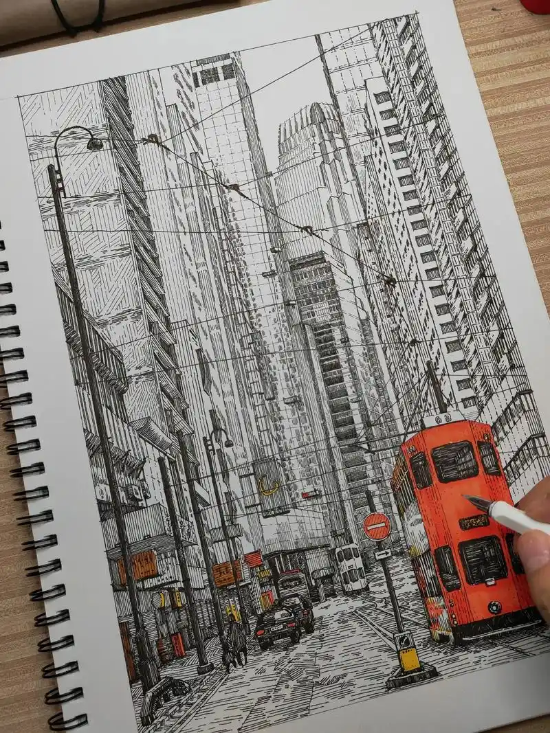 【钢笔画】城市手绘高楼林立的商业大街别有一番效果,难点就是 - 抖音