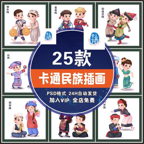 h003中式卡通少数民族56个民族人物民俗服饰插画海报psd设计素材