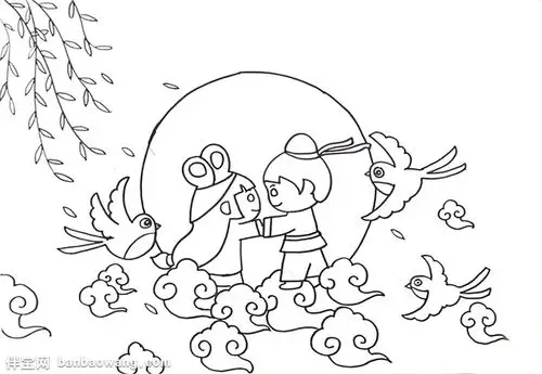 1,先在纸上画出牛郎织女相会的画面,两人身后各画一只展翅飞翔的喜鹊