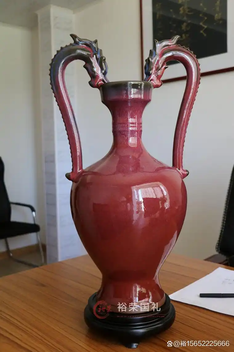 红色钧官窑 钧瓷《虎头瓶》窑变万彩 增福添寿美好寓意