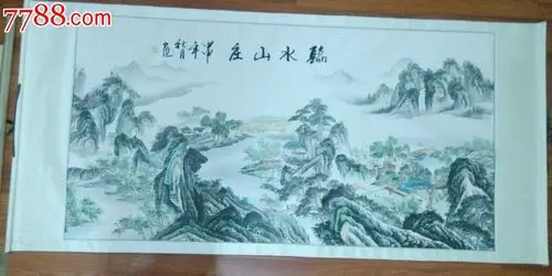 【临水山庄】落款人看不清,横幅卷轴装裱,规格:长162cm*85cm-山水国画