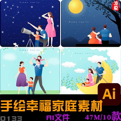 手绘卡通人物幸福和睦家庭郊游生活场景插图海报ai矢量设计素材
