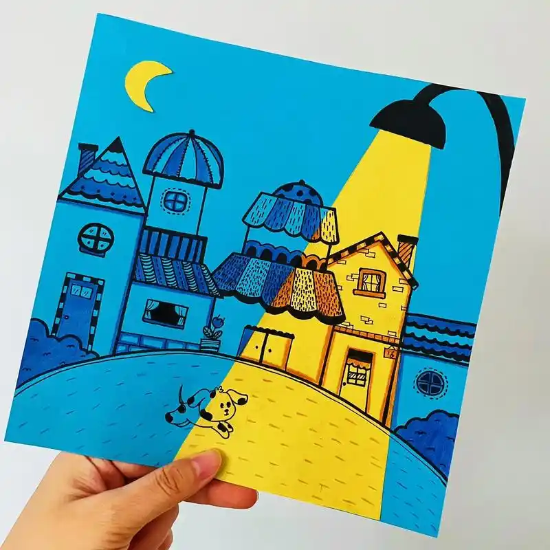 冷暖色创意儿童画,9615详细步骤.路灯多半是暖 - 抖音