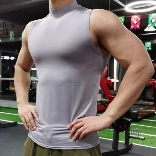 弹力肌肉男无袖紧身速干弹力运动坎肩健身t恤跑步高领训练背心降体服