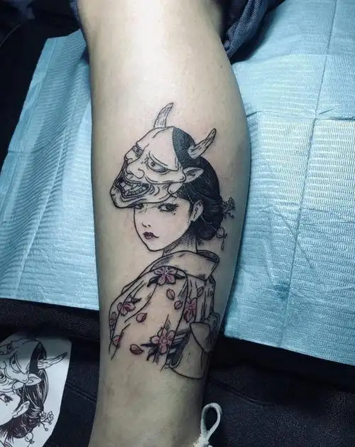 艺伎纹身图片_腿部新传统纹身图案