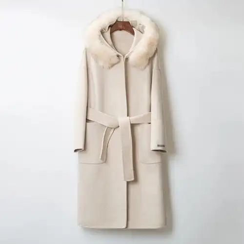 2022秋冬中长款过膝长款狐狸毛领连帽双面羊绒大衣女毛呢外套