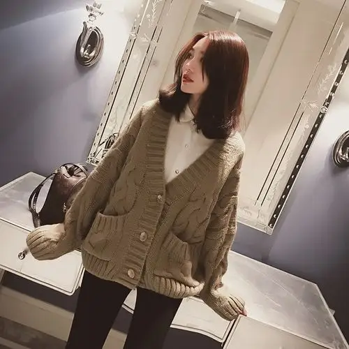 春季新款2017韩版宽松显瘦针织开衫女装学生长袖加厚百搭毛衣外套