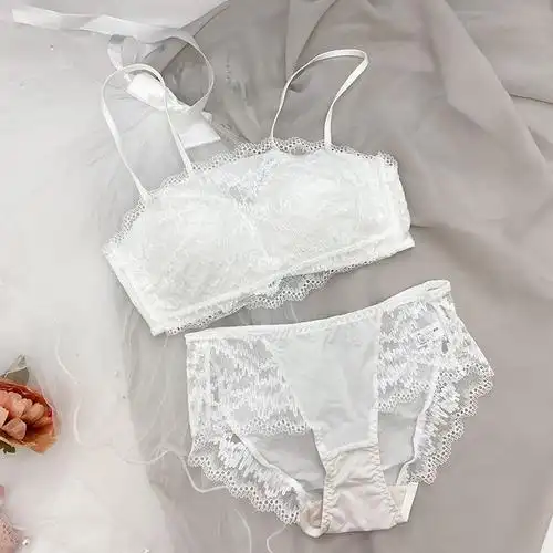 白色蕾丝抹胸式文胸无钢圈防走光肩带可拆卸露肩婚纱内衣套装薄款