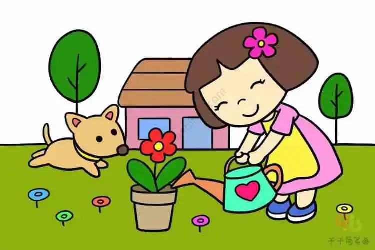 小女孩简笔画我给花儿浇浇水可爱小女孩简笔画-浇花的小女孩卡通简笔