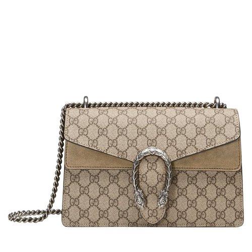 gucci/古驰 经典dionysus女士小号棕色帆布驼色麂皮链条单肩酒神