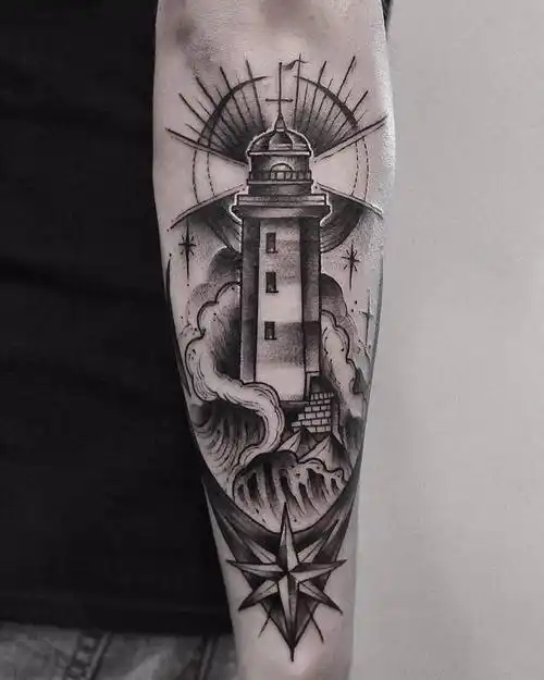 小臂黑灰newschool灯塔纹身图案