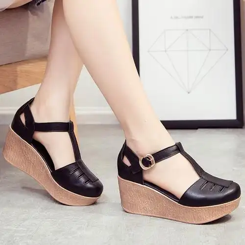 特价女凉鞋2017新款夏_会易2017夏新款包头真皮厚底凉鞋女潮高跟防水