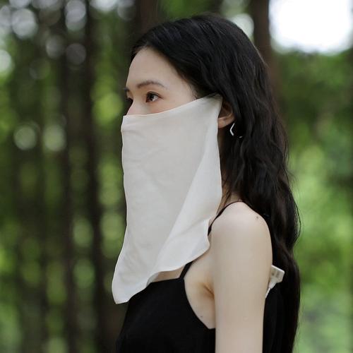 桑蚕丝一片式挂耳面纱古风真丝面罩遮脸蒙面汉服护颈仙气薄纱巾女