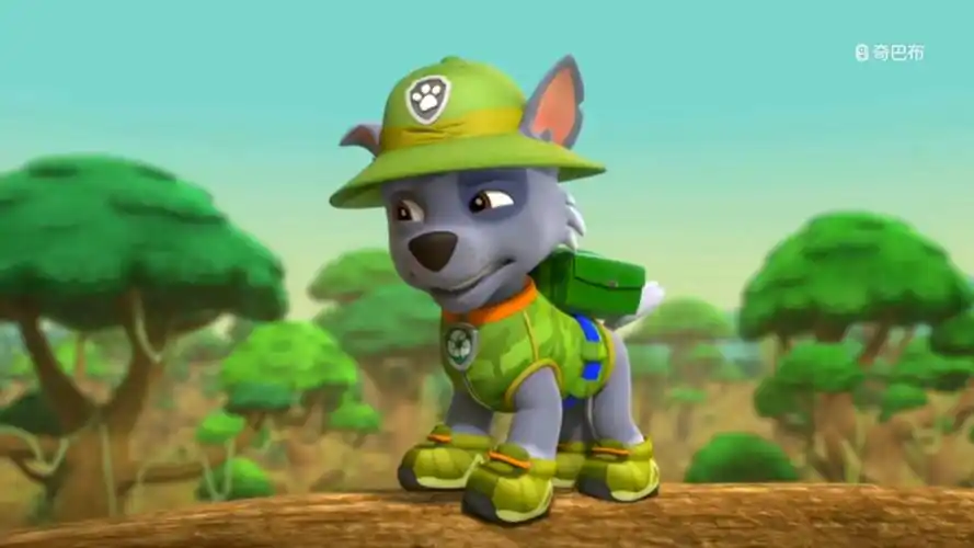 汪汪队立大功里面的灰灰正在树杆上面是想要扯螺丝钉工具的图片