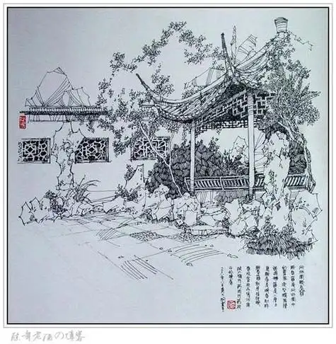 手绘江南私家园林(江南园林手绘图)手绘江南私家园林
