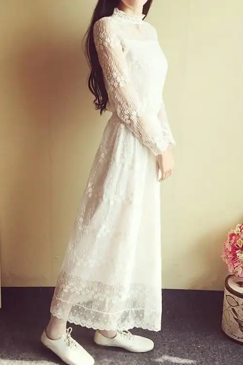 女神 仙气十足 小清新白色蕾丝长袖连衣裙