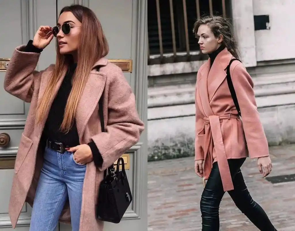 搭配粉色大衣时,全身的颜色不要过多,内搭全身黑更加好看还显瘦▼