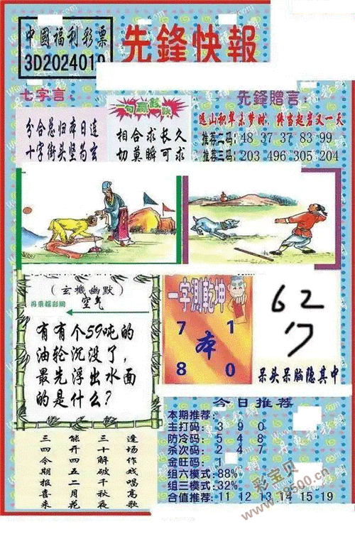 3d2024019期中国福利彩票先锋快报 增强版图谜_3d字谜_彩宝贝