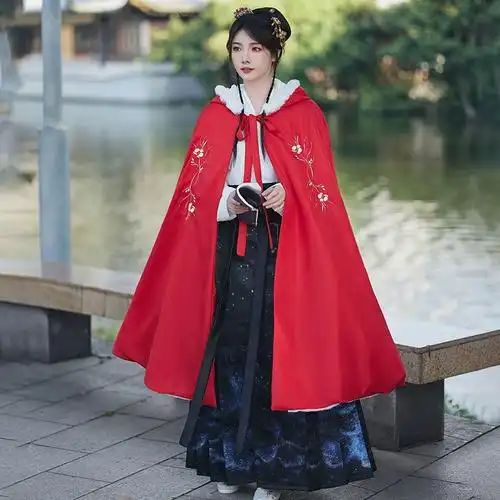 云裳之舞原创浅粉色双面刺绣披风斗篷中长款加绒加厚秋冬大红斗篷