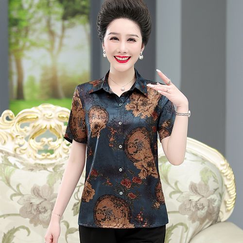 雅格罗伊桑蚕丝中老年妇女重磅丝绸短袖衫妈妈夏天穿的真丝半袖半截袖