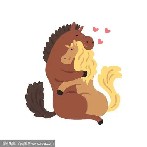 一对相爱的马互相拥抱,两个快乐的动物拥抱的心在他们的头矢量插图上