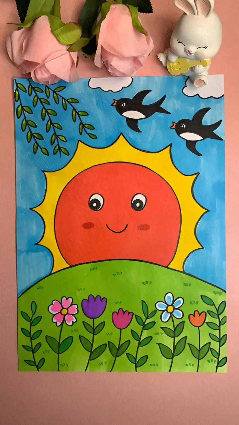 春天主题画日出#一起学画画 #跟着抖音学画画 #简笔画 #育 - 抖音