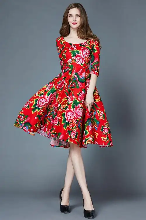 2019春秋新款东北大花布民族风连衣裙夏修身中长款大摆裙子棉麻料