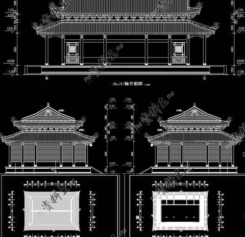 歇山顶轴重檐口重檐屋顶古建筑cad施工图平立面图节点剖面大样图