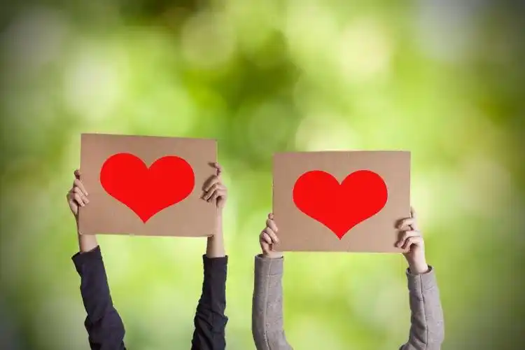 绿色背景下传递爱的讯息的纸板上的爱心