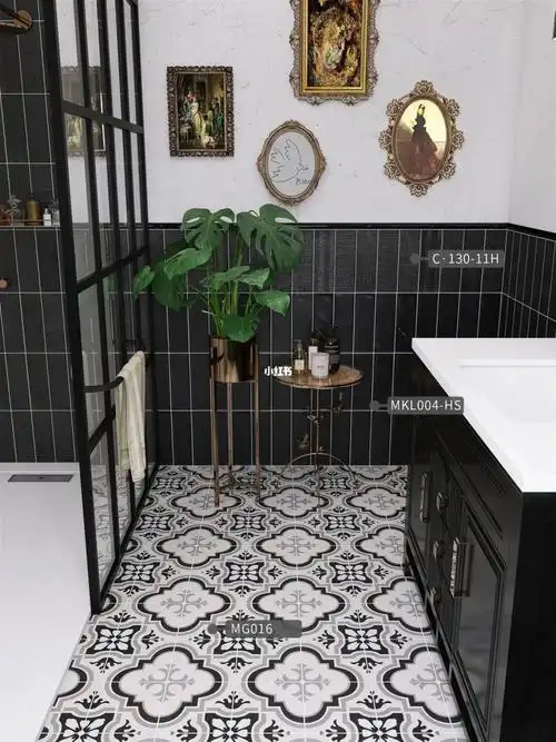 全瓷原边砖卫生间墙面用100*300黑色手工砖,更显质感,半墙用黑色腰线