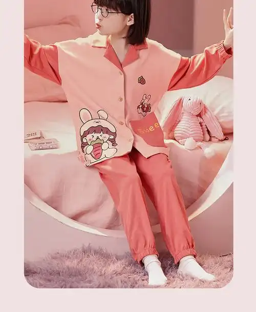 步啦熊春秋女童长袖纯棉睡衣大童女孩可爱卡通公主儿童家居服套装