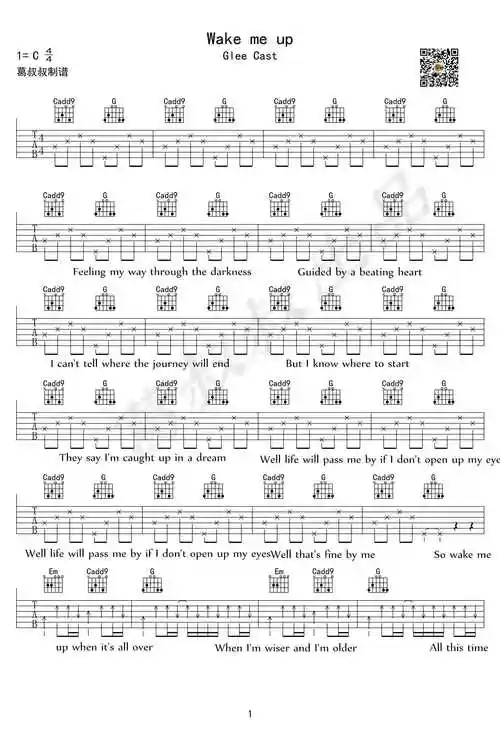 wake me up吉他谱 c调弹唱谱 glee cast欢乐合唱团
