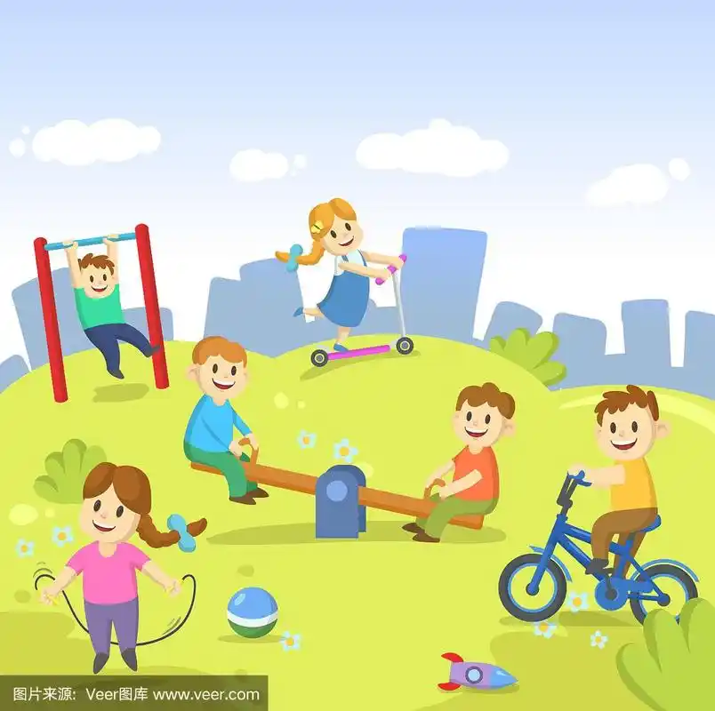 快乐的孩子们在公园里玩卡通城市景观,天空中有云.卡通平面矢量插图.
