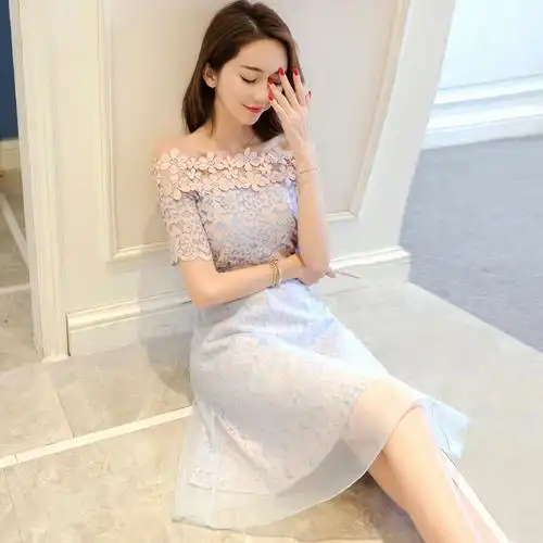 一字蕾丝连衣裙2020新款夏装性感露肩公主网纱连衣裙
