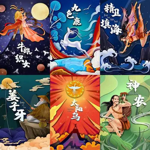 中国神话故事插画女娲哪吒嫦娥神农美工设计海报设计素材