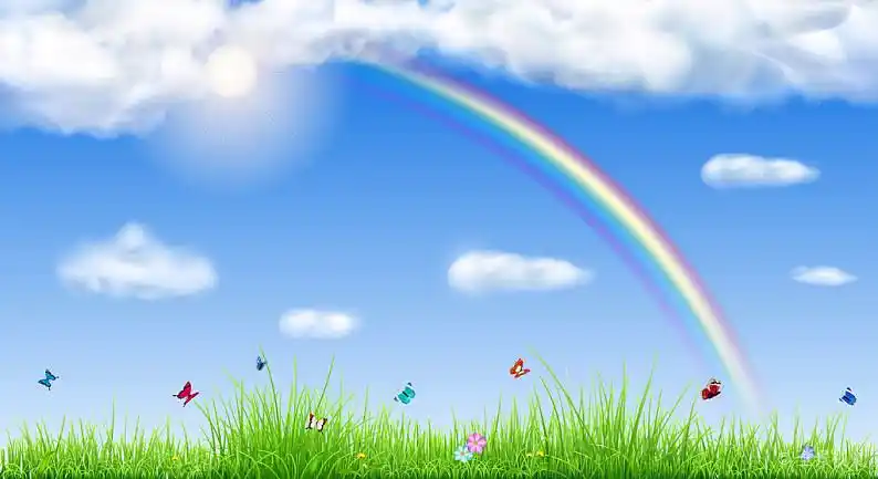 春天_背景_青草_天空_太阳_云_彩虹_草_花_蝴蝶_高清图片_全景视觉