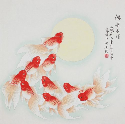 转运客厅装饰画餐厅原稿手绘金泉国画金鱼花鸟国画