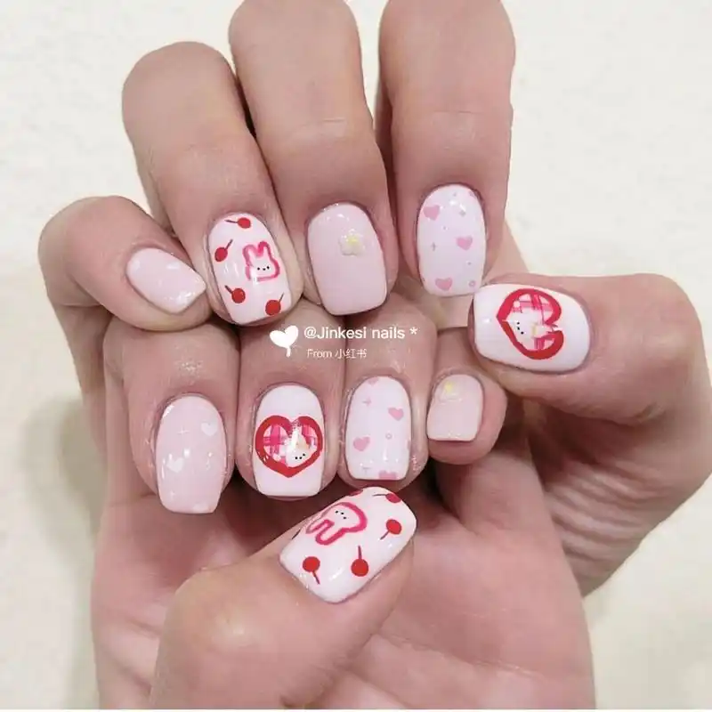 少女心nail91 小熊·手绘雕花·超级显白·可爱 #美甲# #美甲款式