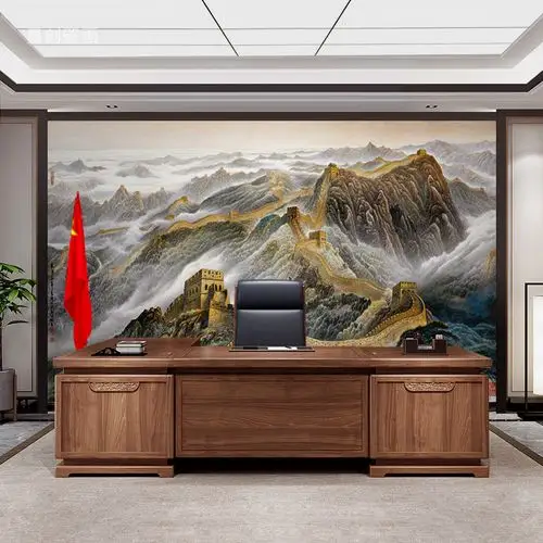 山水画长城背景墙领导办公室装饰总裁老板前台靠山无纺布墙纸