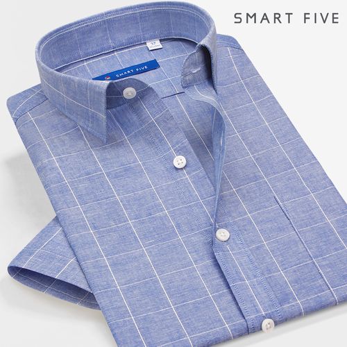 【轻薄透气】夏季蓝色格子衬衣纯棉休闲格纹短袖男士免烫衬衫修身