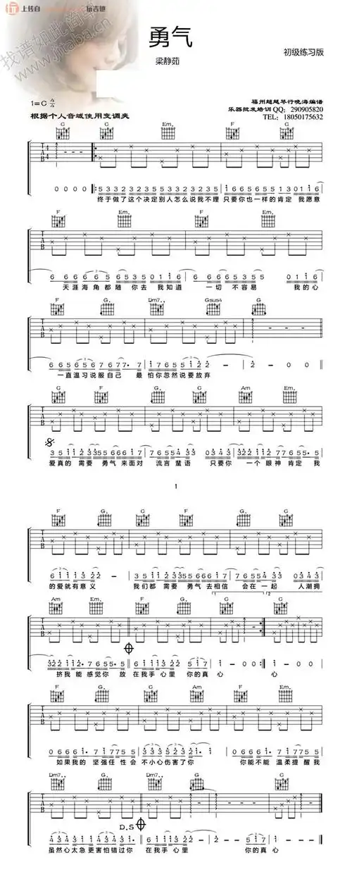 勇气吉他谱梁静茹未知调吉他图片谱1张