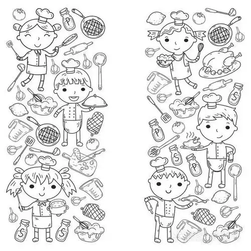 可爱的孩子厨师白色背景孩子烹饪厨房儿童烹饪课着色页插画-正版商用