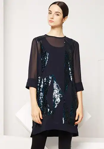 miamia玛斯米亚2016秋新七分袖亮片直筒型ol连衣裙852019e