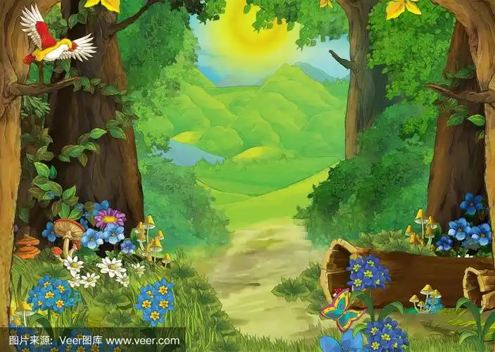 卡通夏季场景与草地在森林