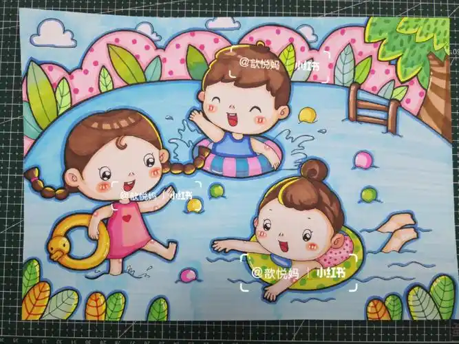 原创02/100幼师考编儿童画《游泳真快活》