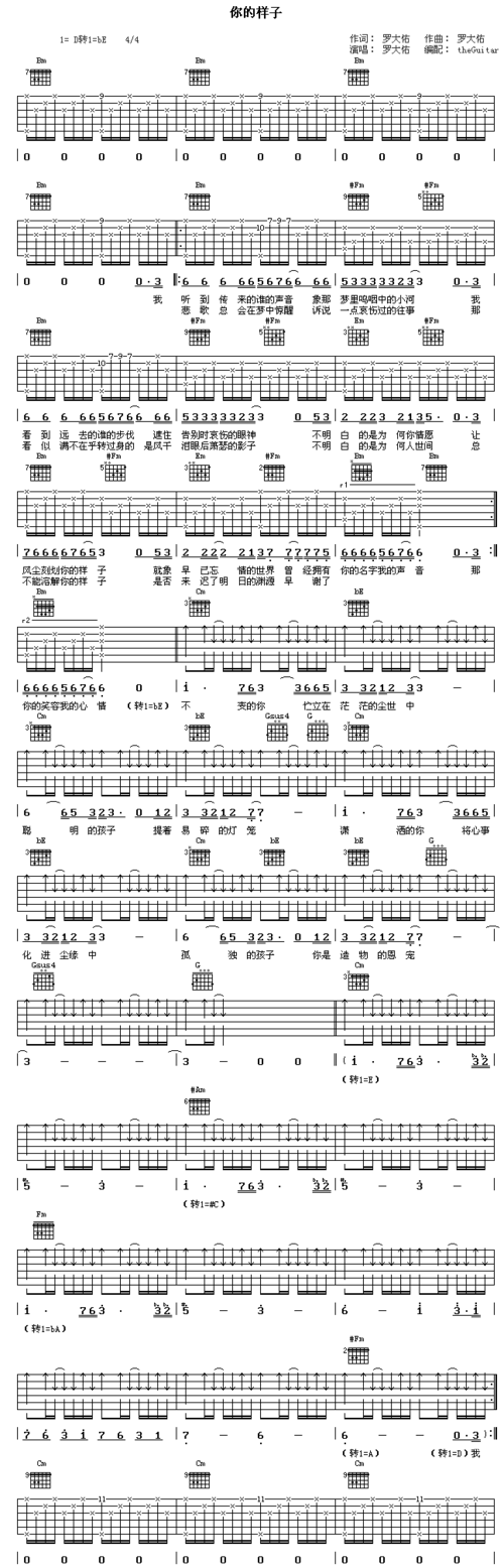 罗大佑《你的样子》吉他谱_c调_未知编配_六线谱_吉他粉