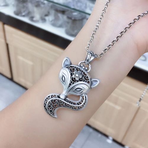依依百福情人节礼物狐狸复古花丝吊坠足银999足银镂空时尚个性夸张