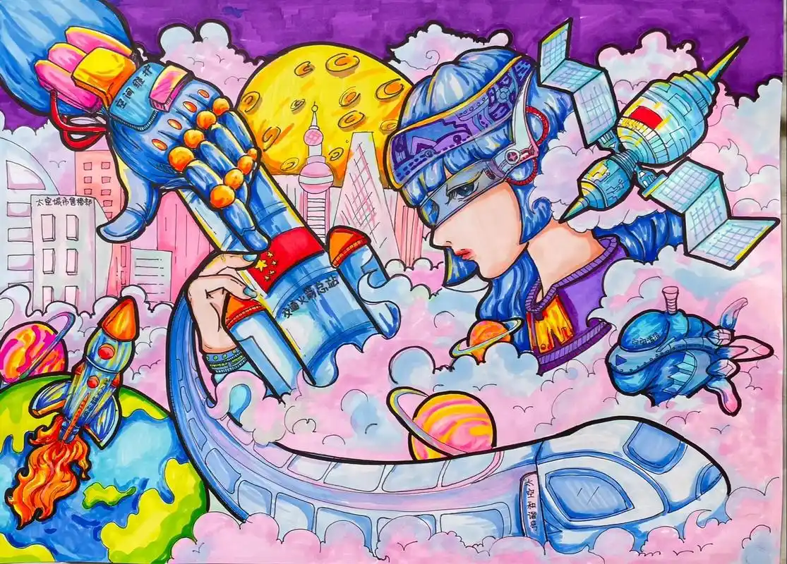 上色图来啦#科幻画 #手抄报 #马克笔手绘# - 抖音