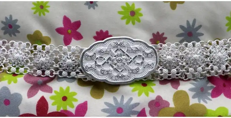 云南大理银腰带999纯银女傣族银腰带扣手工纯银腰链雪花银窄腰带浪漫
