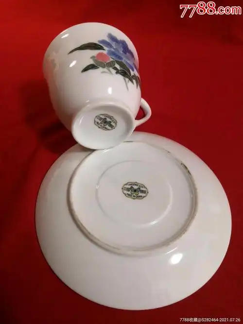 70年代醴陵群力蝴蝶款手绘蓝芍药茶杯碟子一套_彩绘瓷/彩瓷_图片价值